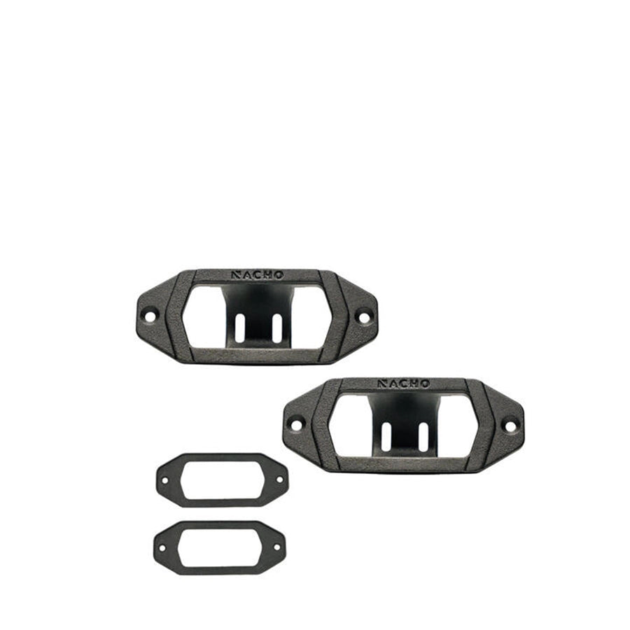 Set of black metal brackets with 'NACHO' branding on a white background