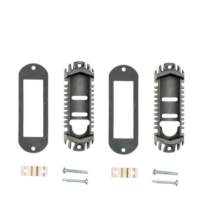 Set of metal brackets and screws on a white background