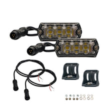 Two LED light bars with mounting brackets and wiring on a white background