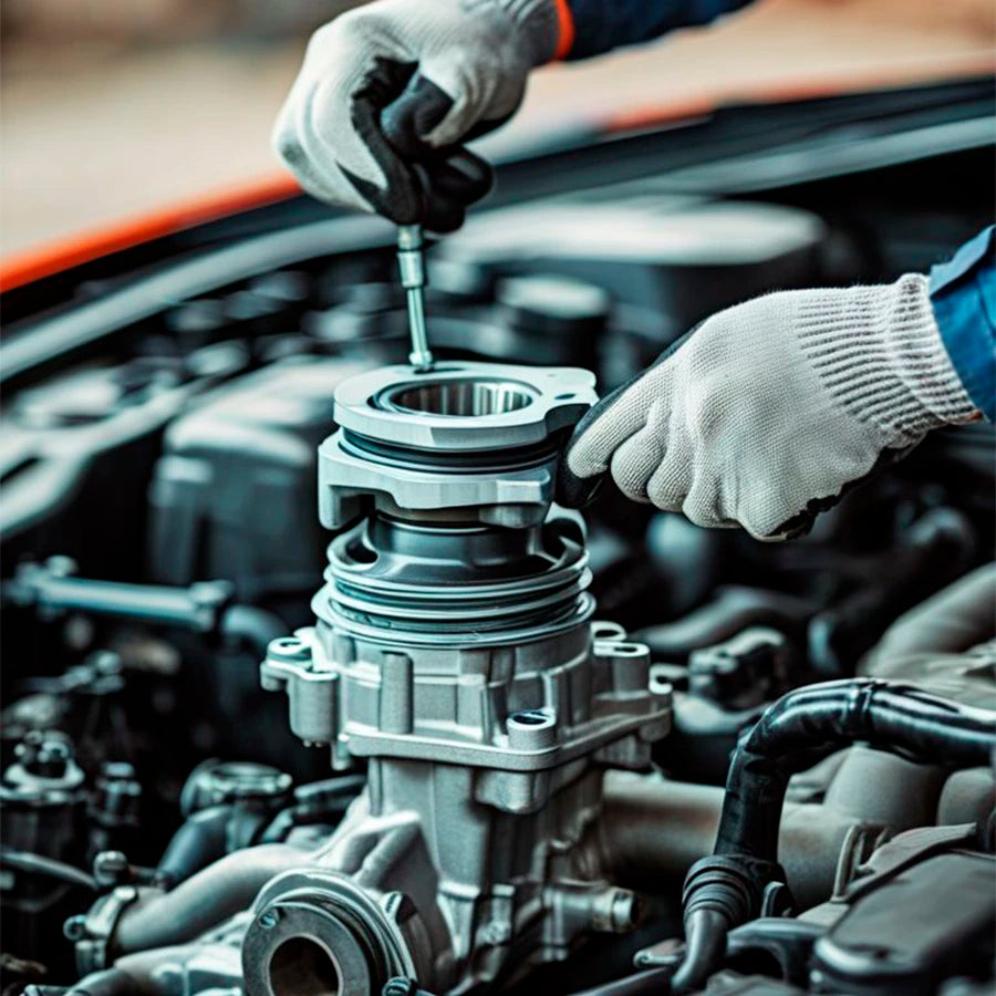 Person working on a car engine with tools