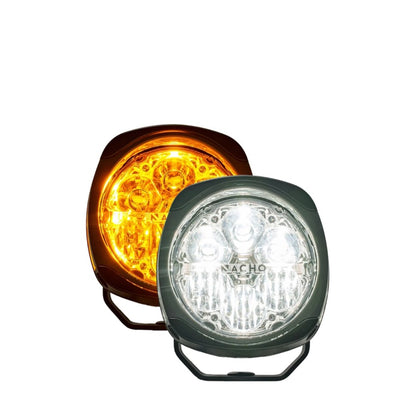Two vehicle lights, one amber and one white, on a white background