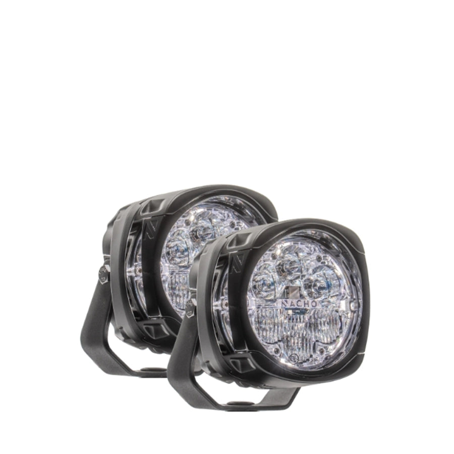 Pair of round LED lights with black housing on a white background