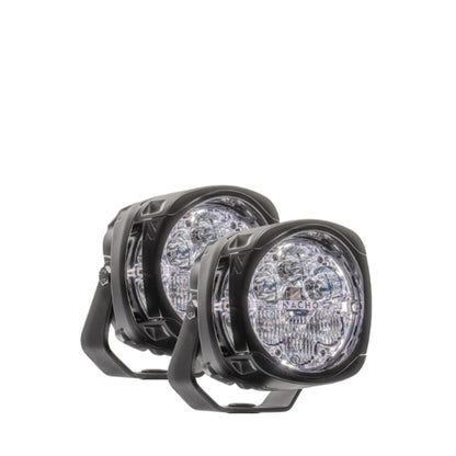 Pair of round LED lights with black housing on a white background