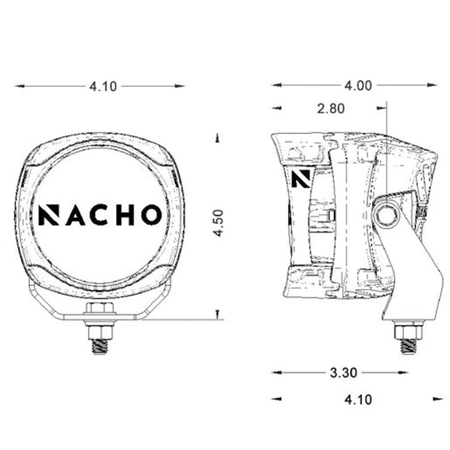 Technical drawing of a vehicle light component with dimensions and 'Nacho' branding.