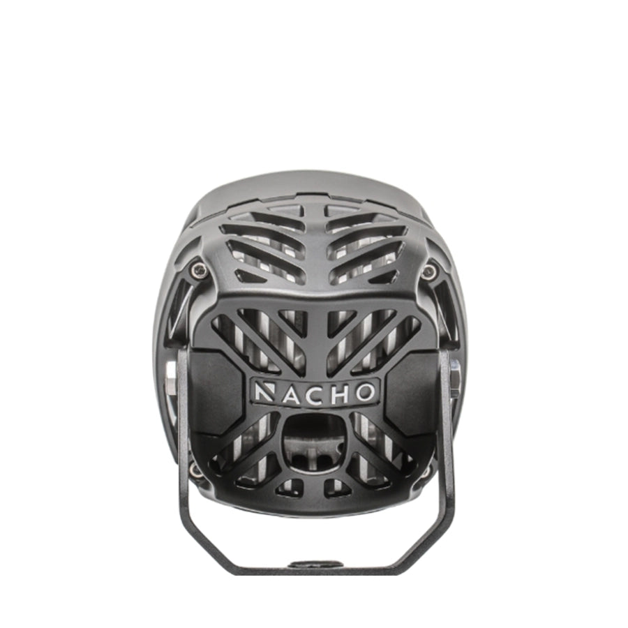 Black helmet with 'Nacho' branding on a white background