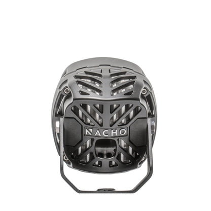 Black helmet with 'Nacho' branding on a white background