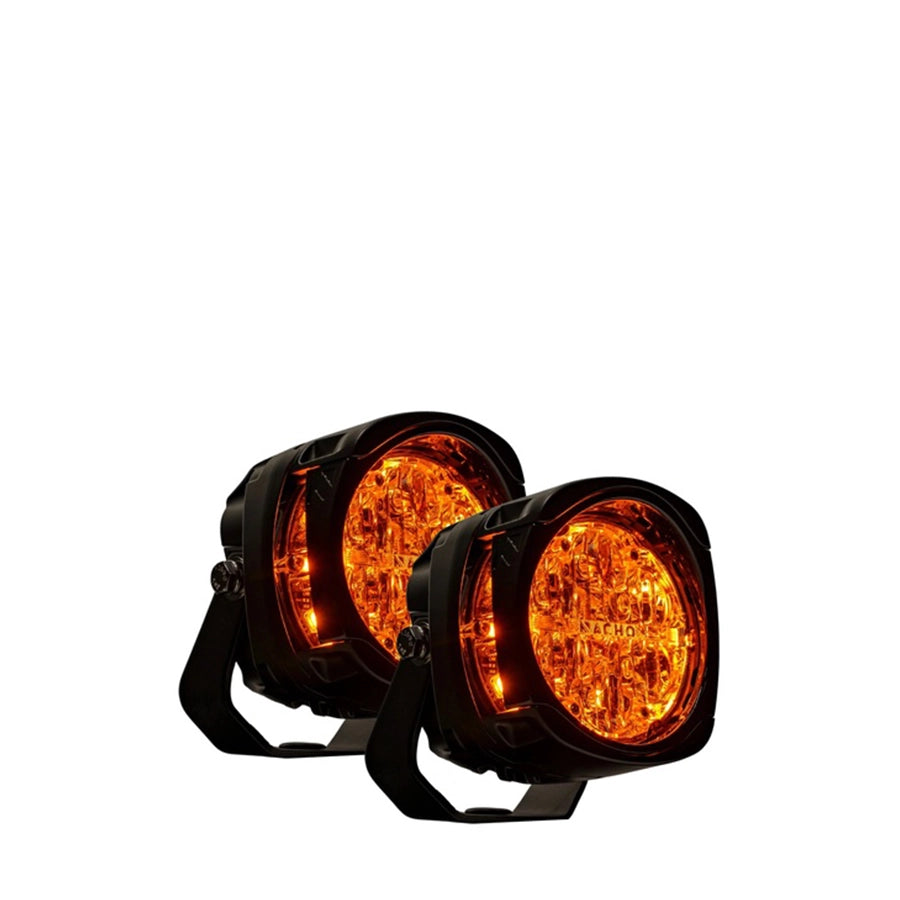 Two amber LED lights on a white background