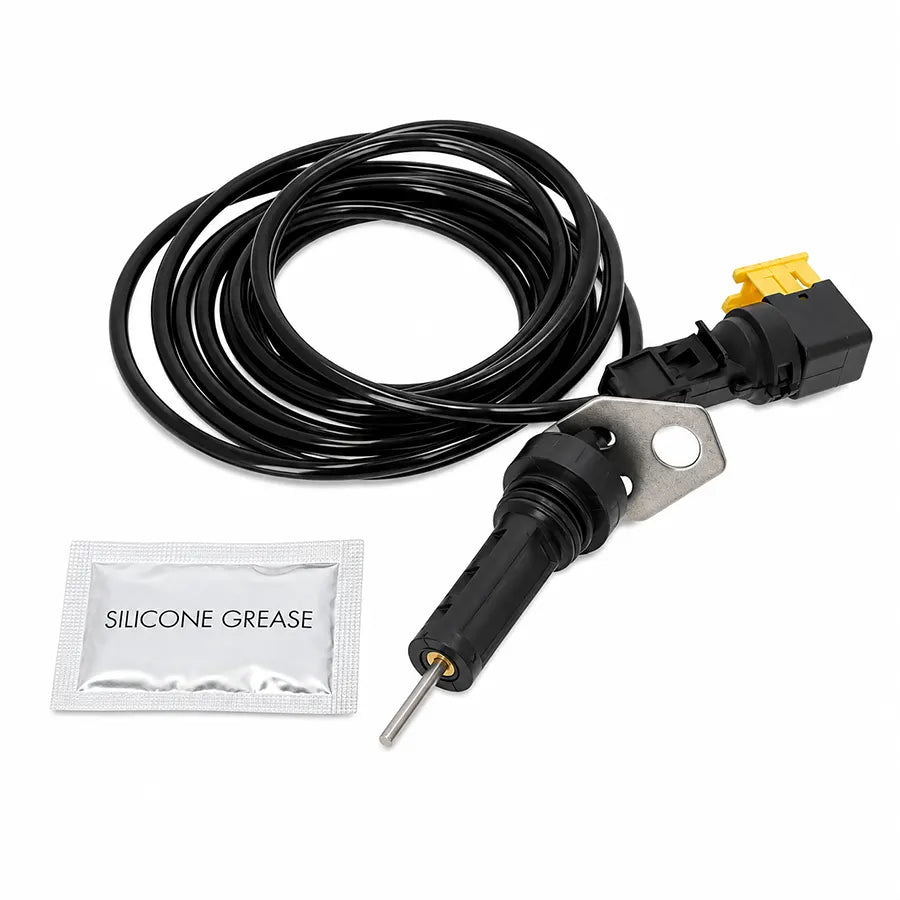 A black electrical sensor cable with a metal probe, black connector housing, and a yellow plug, shown on a white background with a small packet labeled silicone grease.