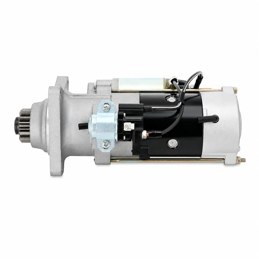 A starter motor for a lawn mower or small engine, featuring a silver metal casing, a black internal component, a silver splined output shaft, and a light blue plastic cap, shown against a plain white background.