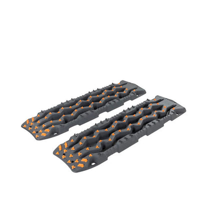 Pair of gray snowmobile tracks with orange accents on a white background
