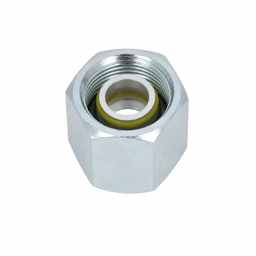 A silver metal hexagonal threaded fitting with a yellow O-ring visible inside, shown on a plain white background.