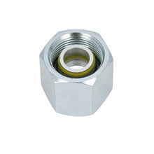 A silver metal hexagonal threaded fitting with a yellow O-ring visible inside, shown on a plain white background.