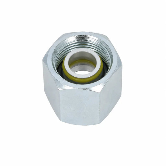 A silver metal hexagonal threaded fitting with a yellow O-ring visible inside, shown on a plain white background.