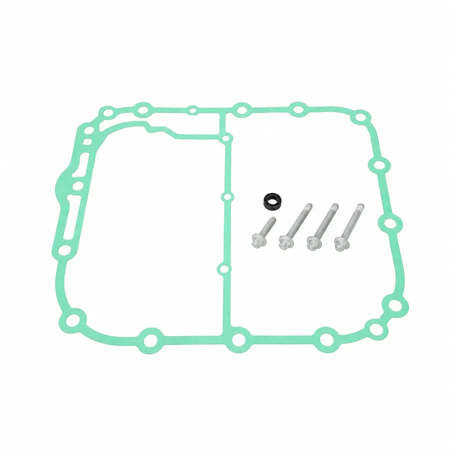 A light green engine gasket set with three silver bolts, a black rubber washer, and a small white paper clip on a solid white background.