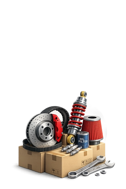 Automotive parts including a brake rotor, oil filter, and wrench on a white background