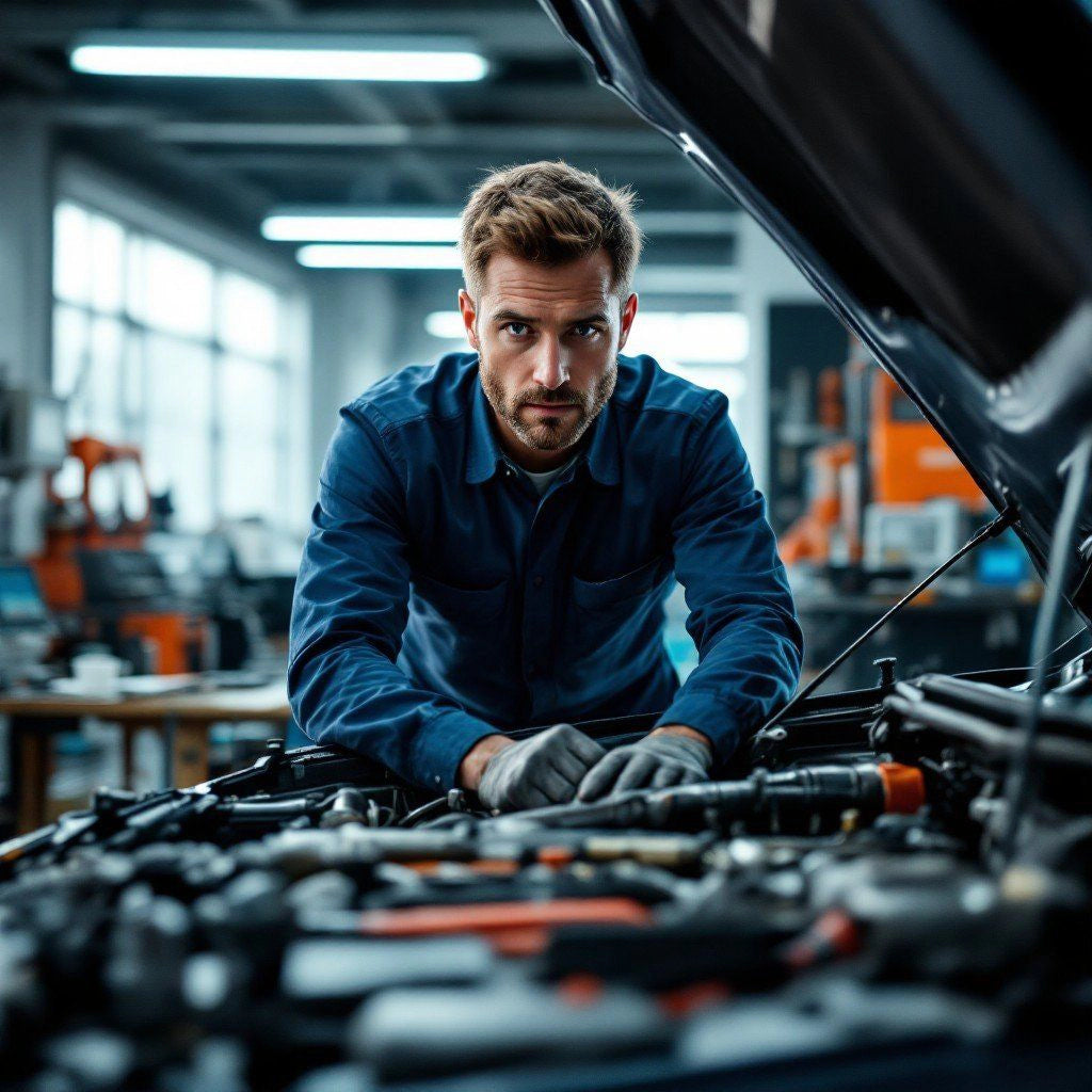 Mechanic working on a car in a garage