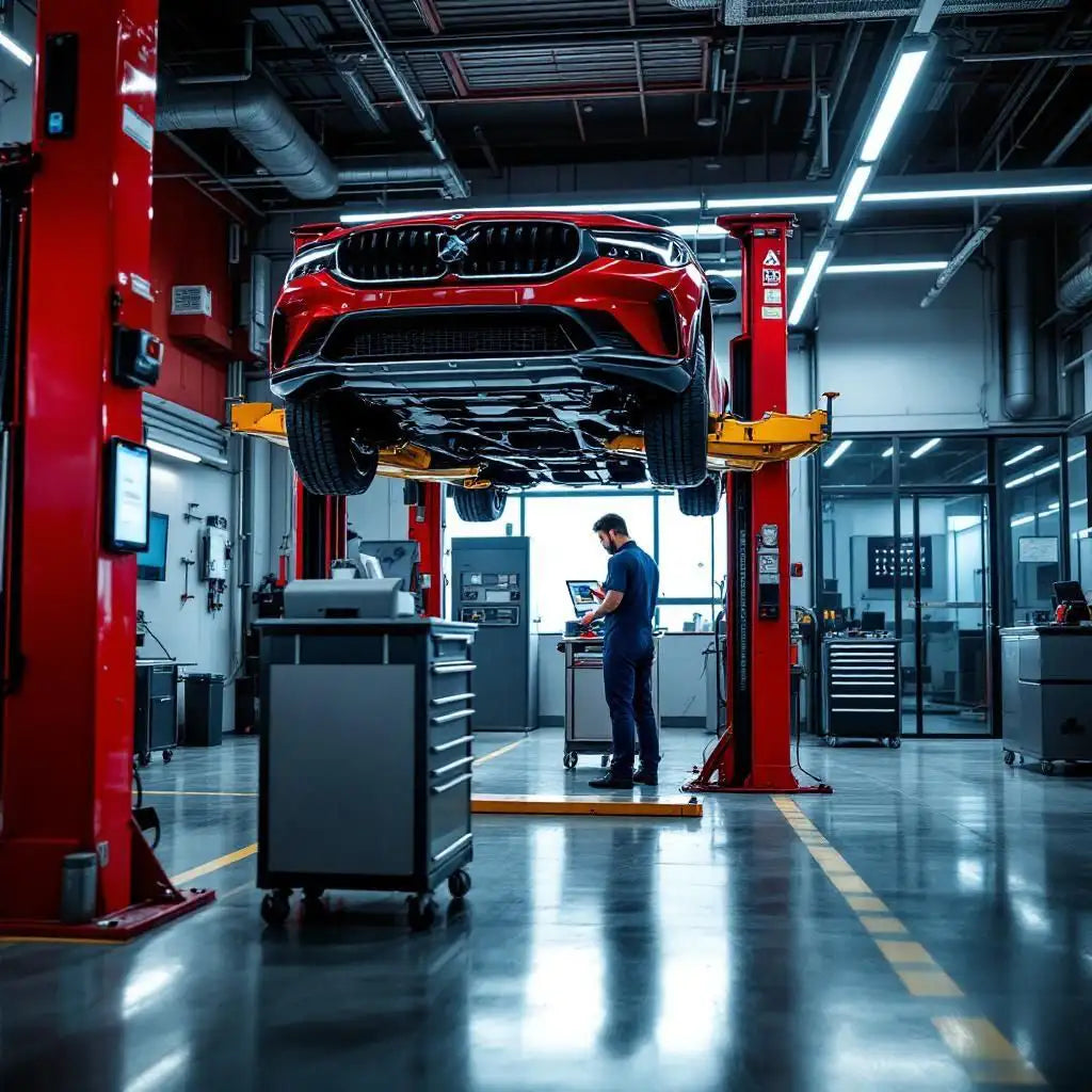 Red car on a lift in a modern automotive repair shop with a mechanic working underneath.