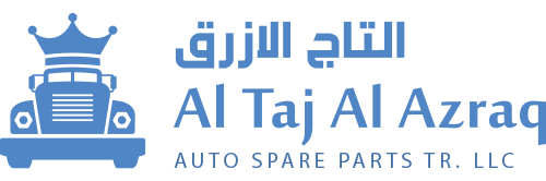 Logo of Al Taj Al Azraq Auto Spare Parts Tr. LLC with a blue car icon and Arabic text.