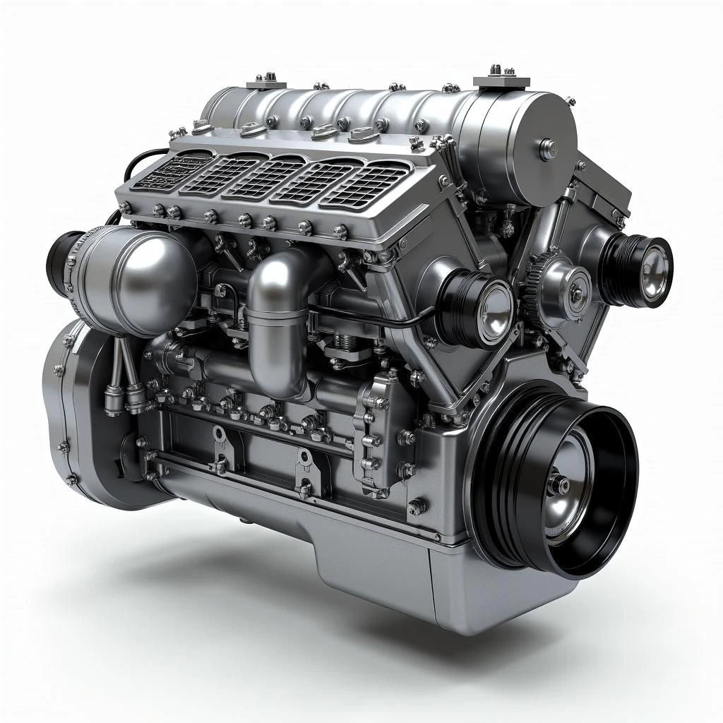 Detailed view of a car engine on a white background