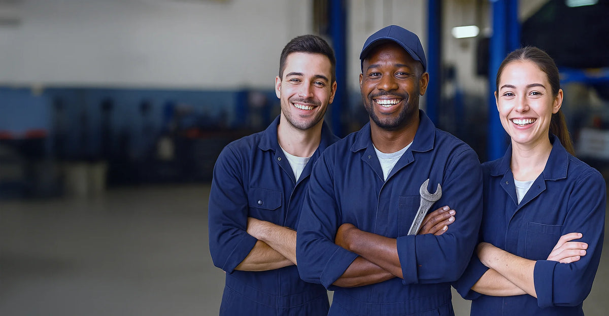 Three mechanics in blue uniforms standing in a garage