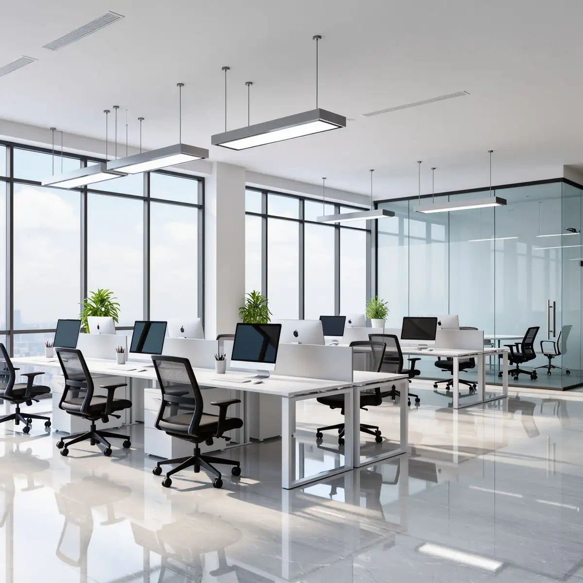 Modern office space with desks, chairs, and large windows.