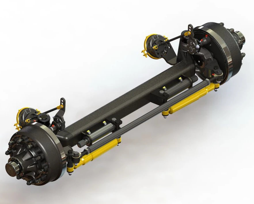 Automotive axle assembly on a white background