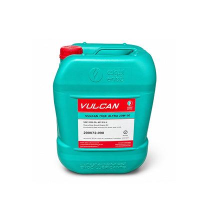 Teal oil container with red label featuring Vulcan branding on a white background