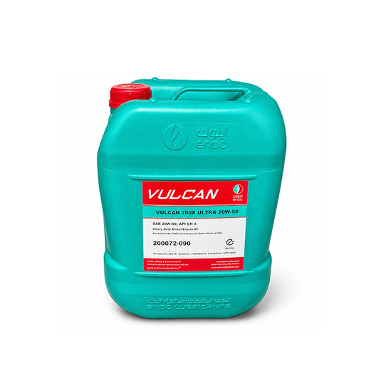 Teal oil container with red label featuring Vulcan branding on a white background